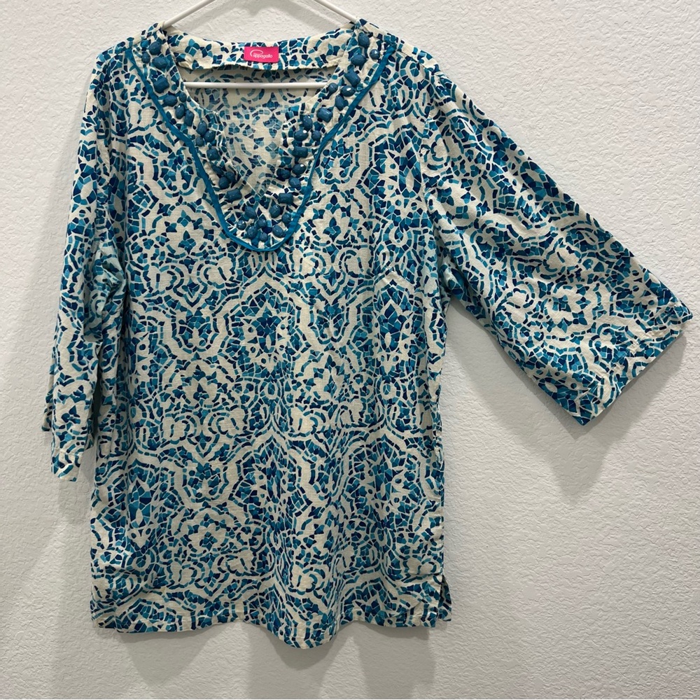 PAPAGALLO cotton tunic blue and white‎ pattern and blue beading and trim XL